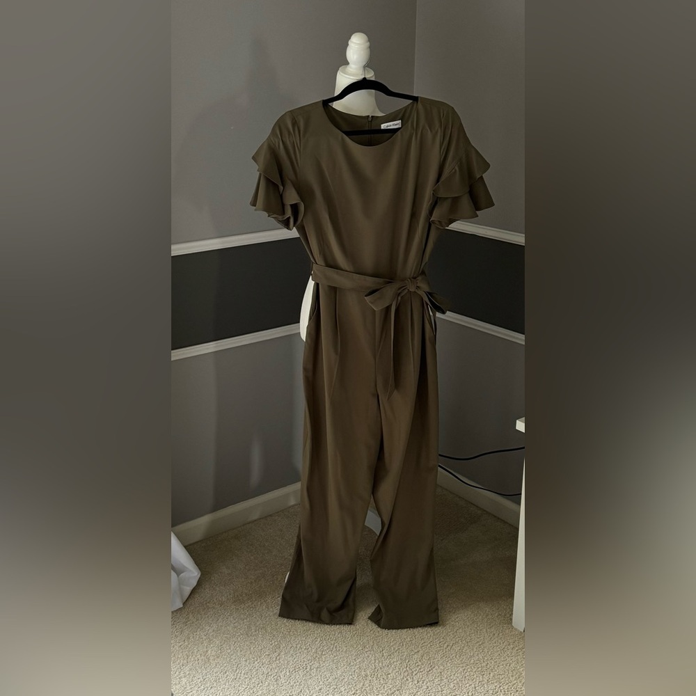 Calvin Klein Olive Green Ruffle Sleeve Jumpsuit